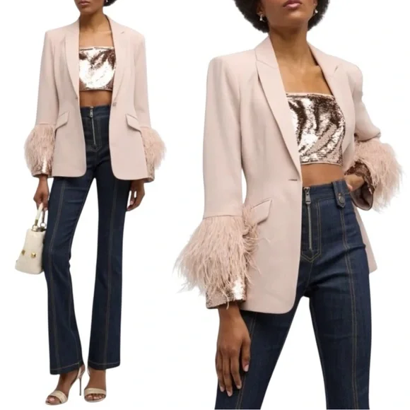NWT Cinq à Sept Cheyenne Crepe Blazer Jacket Sequin & Feather Sleeves Sz 4 - Picture 3 of 6